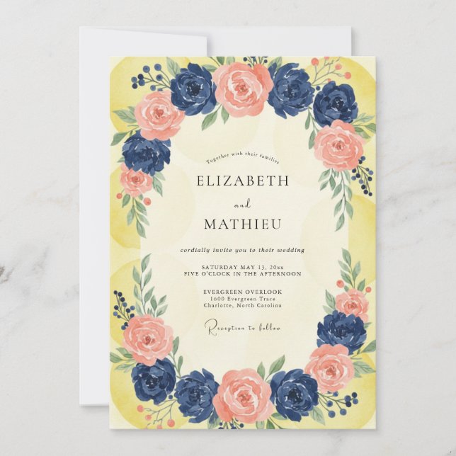 Invitation Mariage au Cobalt Abricot Ranunculus Eucalyptus (Devant)