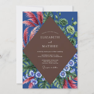 Invitation Mariage au cobalt, palmier tropical et eucalyptus