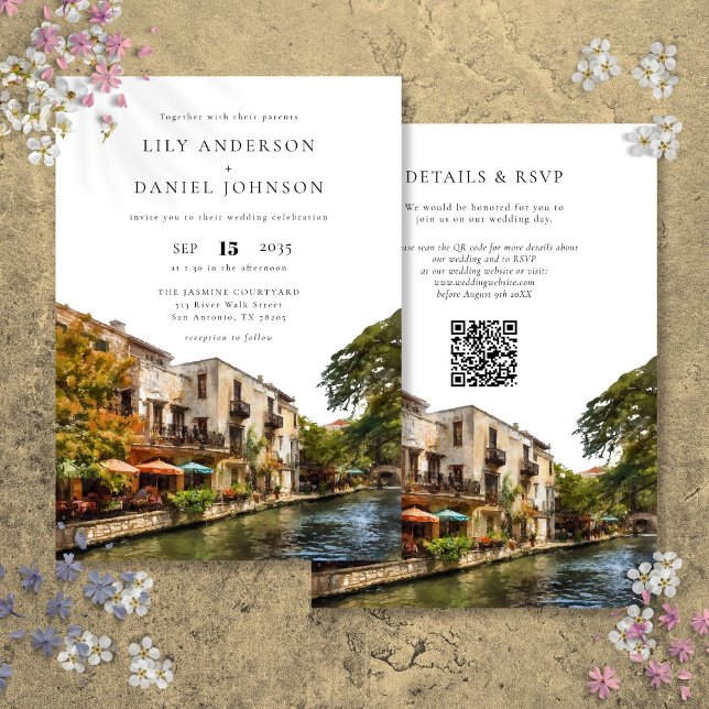 Invitation Mariage au code QR aquarelle de San Antonio (San Antonio Watercolor QR Code Wedding Invitation)