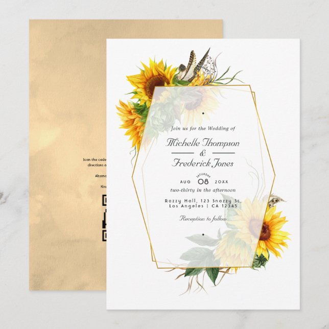 Invitation Mariage au code QR de tournesols géométriques doré (Devant / Derrière)