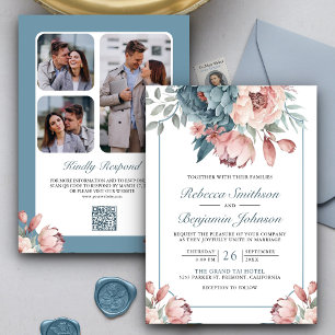 Invitation Mariage au code QR floral rose et bleu poussiéreux