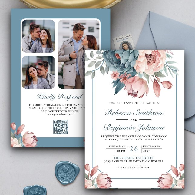 Invitation Mariage au code QR floral rose et bleu poussiéreux (Créateur téléchargé)