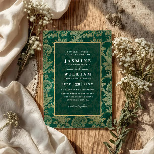 Invitation Mariage au code QR or paon émeraude vintage