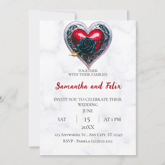Invitation Mariage au Coeur d'Argent sur Fond de Marbre Rose  (Devant)
