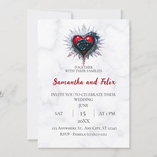 Invitation Mariage au Coeur de Marbre à Rose Noire Épicé (Devant)