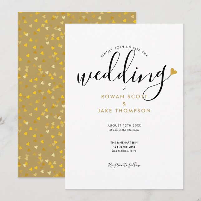 Invitation Mariage au cœur d'or Elegant Script (Devant / Derrière)