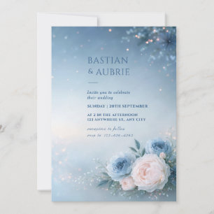 Invitation Mariage au coin floral rose poudré bleu