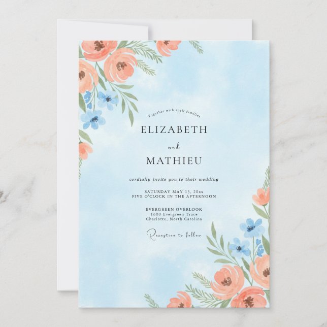 Invitation Mariage au Coquelicot Azur Corail (Devant)