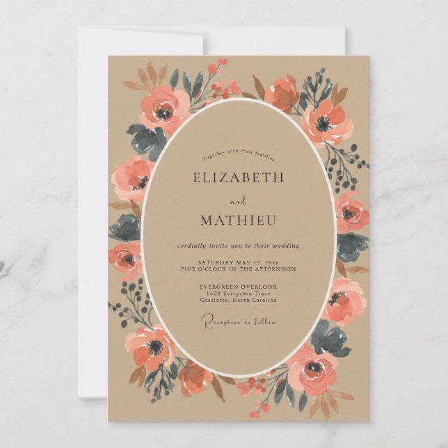 Invitation Mariage au coquelicot gris corail (Devant)