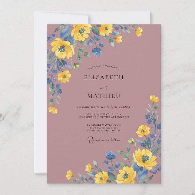 Invitation Mariage au coquelicot jaune mauve (Devant)