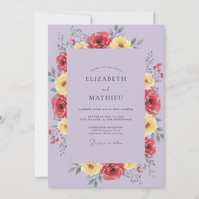 Invitation Mariage au Coquelicot Rouge Lilas (Devant)