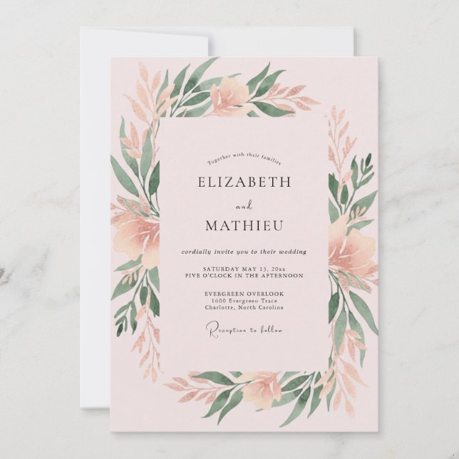 Invitation Mariage au corail apaisé et feuillage peint (Devant)