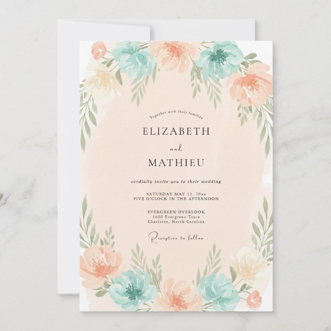 Invitation Mariage au corail Aqua Feuillage Eucalyptus (Devant)