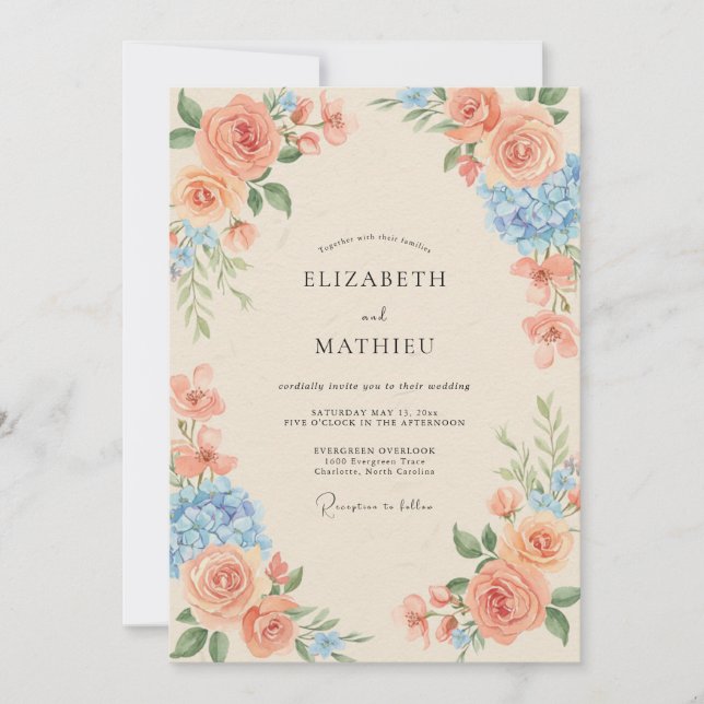Invitation Mariage au Corail Azur Hydrangea Eucalyptus (Devant)
