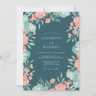 Invitation Mariage au corail bleu-vert et eucalyptus