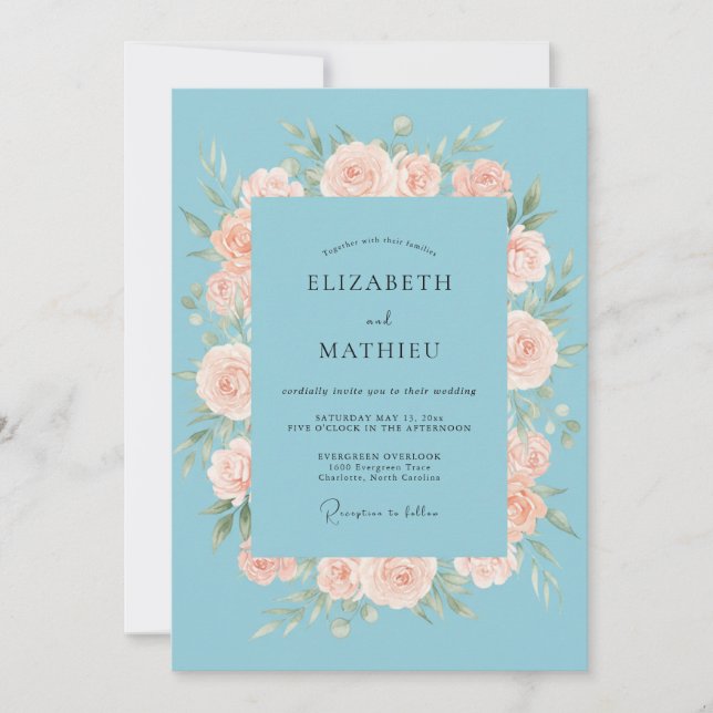 Invitation Mariage au corail céleste camélia eucalyptus (Devant)