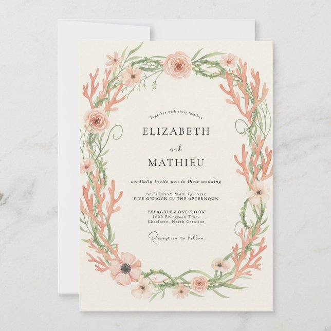 Invitation Mariage au corail de mer pêche et eucalyptus (Devant)
