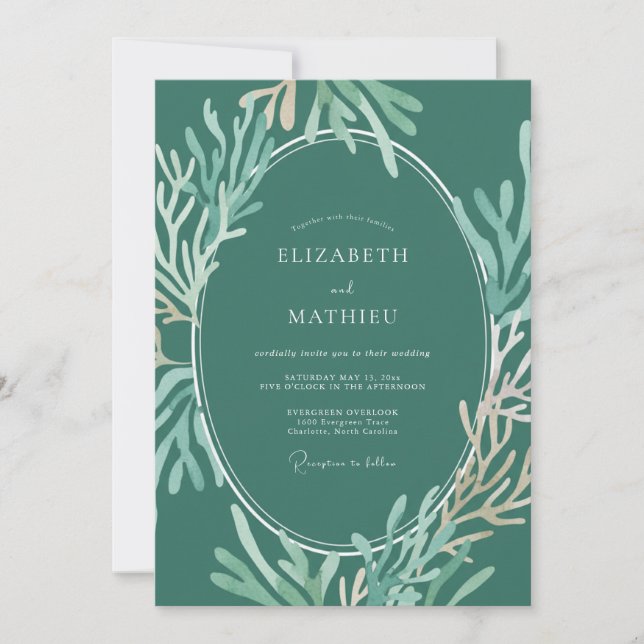 Invitation Mariage au corail d'eucalyptus au bleu sarcelle pr (Devant)