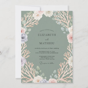 Invitation Mariage au corail d'eucalyptus de verre de mer