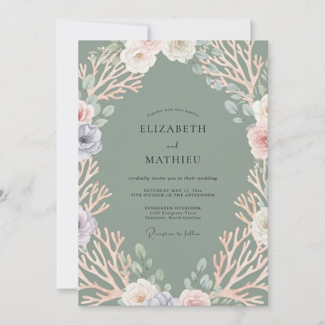 Invitation Mariage au corail d'eucalyptus de verre de mer (Devant)