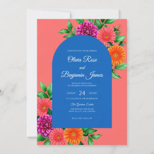 Invitation Mariage au corail Magenta Zinnia Eucalyptus