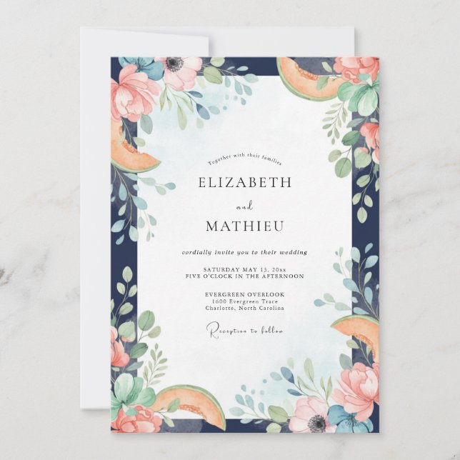 Invitation Mariage au corail pêche agrumes eucalyptus (Devant)