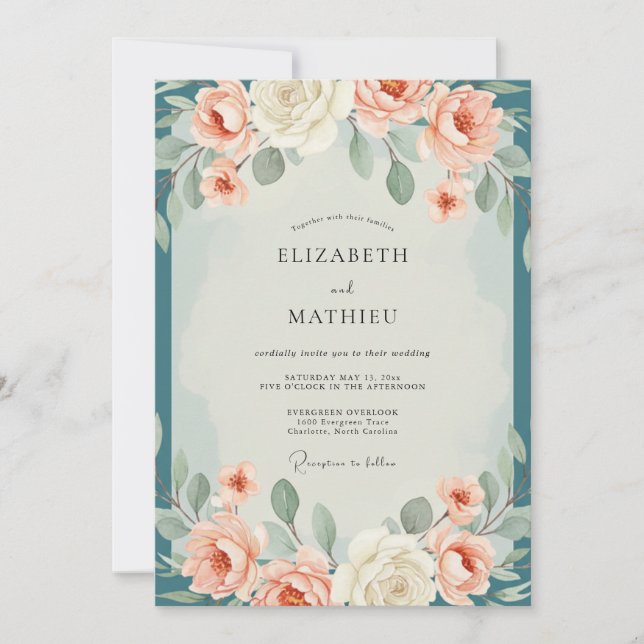 Invitation Mariage au corail, pétrole et eucalyptus (Devant)