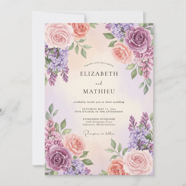 Invitation Mariage au corail pourpre, lavande et eucalyptus (Devant)