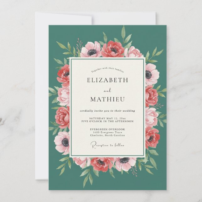 Invitation Mariage au corail sarcelle et à l'anémone (Devant)