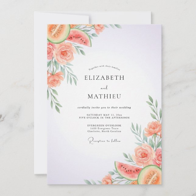 Invitation Mariage au Coral Pastèque Eucalyptus (Devant)