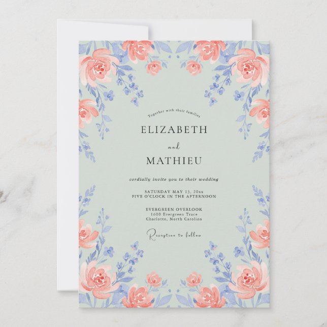 Invitation Mariage au Coral Periwinkle Ranunculus Eucalyptus (Devant)