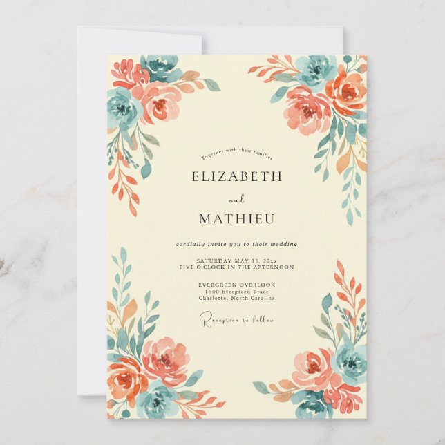 Invitation Mariage au Coral Téalgue Ranunculus Eucalyptus Gri (Devant)