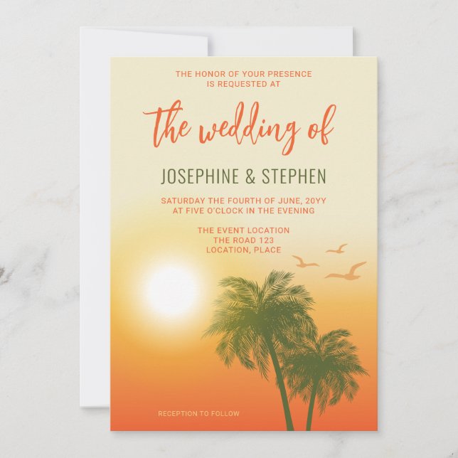 Invitation Mariage au coucher de soleil orange sous les palmi (Devant)
