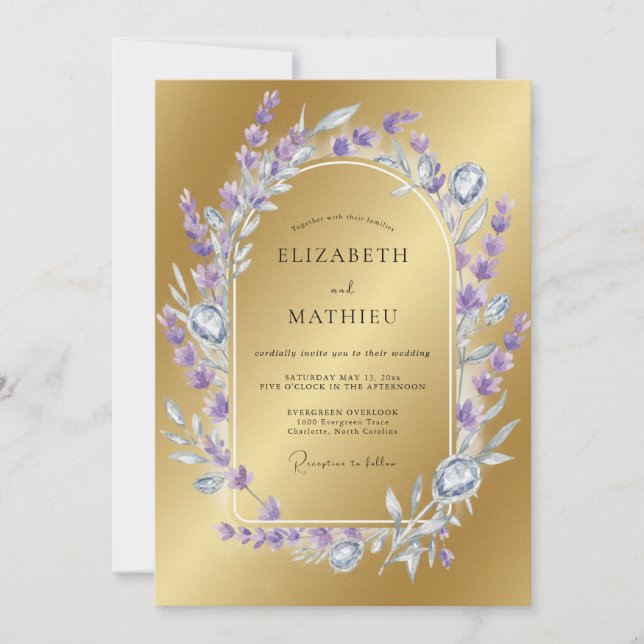 Invitation Mariage au Couronne de Lilas Doré (Devant)