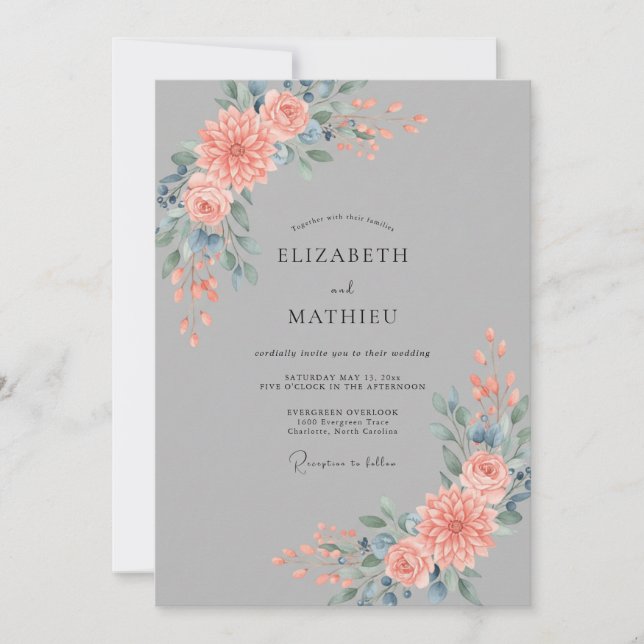 Invitation Mariage au Dahlia Ardoise Corail (Devant)