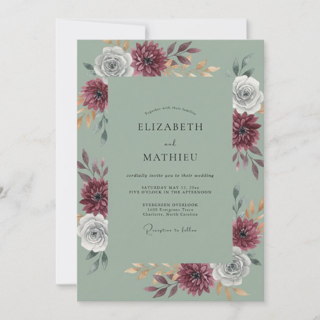 Invitation Mariage au Dahlia Celadon et Marron (Devant)