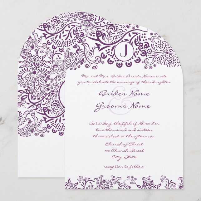 Invitation Mariage au Damassé Monogramme Oiseaux d'Amour Viol (Devant / Derrière)