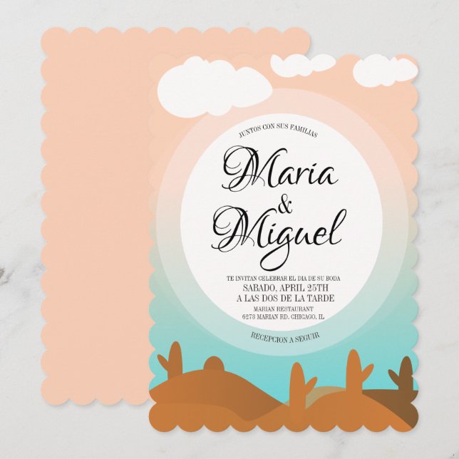 Invitation Mariage au désert espagnol Cactus Lever du soleil (Devant / Derrière)