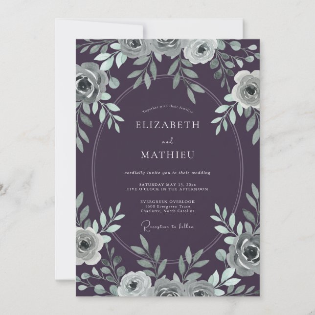 Invitation Mariage au Eucalyptus à Feuillage Argenté et Plum (Devant)
