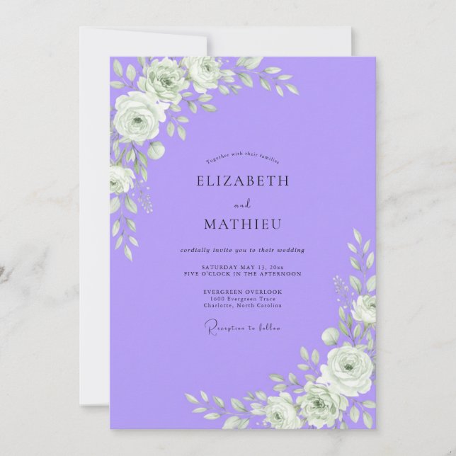 Invitation Mariage au eucalyptus à feuillage violet blanc (Devant)