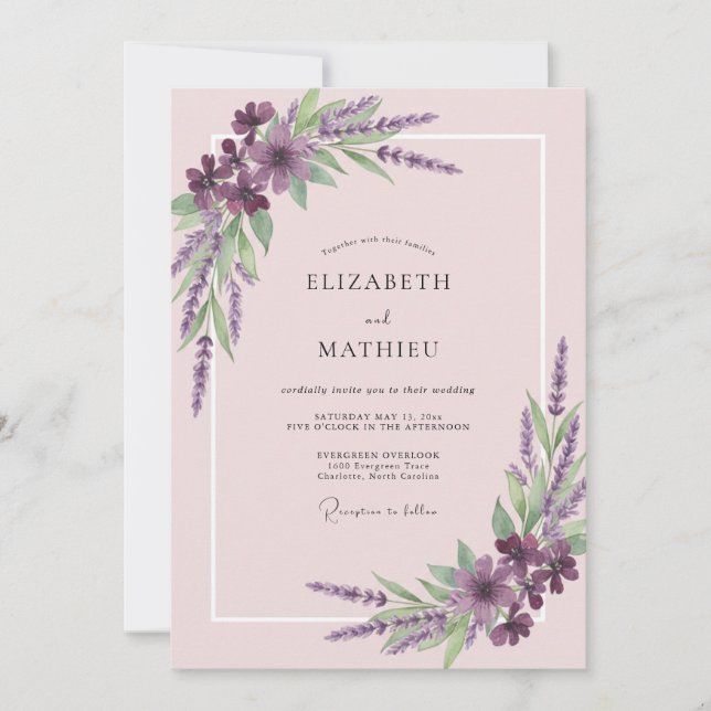 Invitation Mariage au eucalyptus à motif d'amarante pâle (Devant)