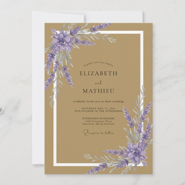 Invitation Mariage au eucalyptus à motif de violette dorée (Devant)