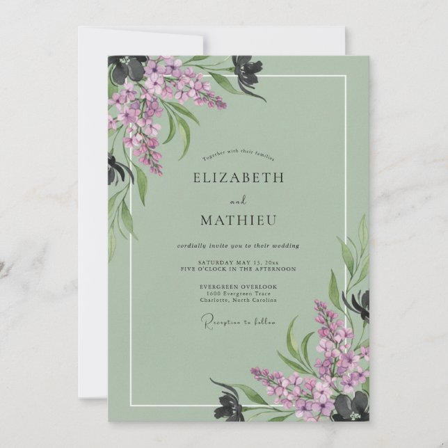 Invitation Mariage au eucalyptus à rameaux de lilas (Devant)