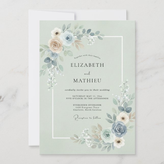 Invitation Mariage au eucalyptus ardoise et écume de mer (Devant)
