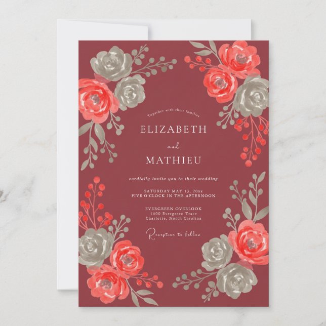 Invitation Mariage au eucalyptus au feuillage de corail borde (Devant)