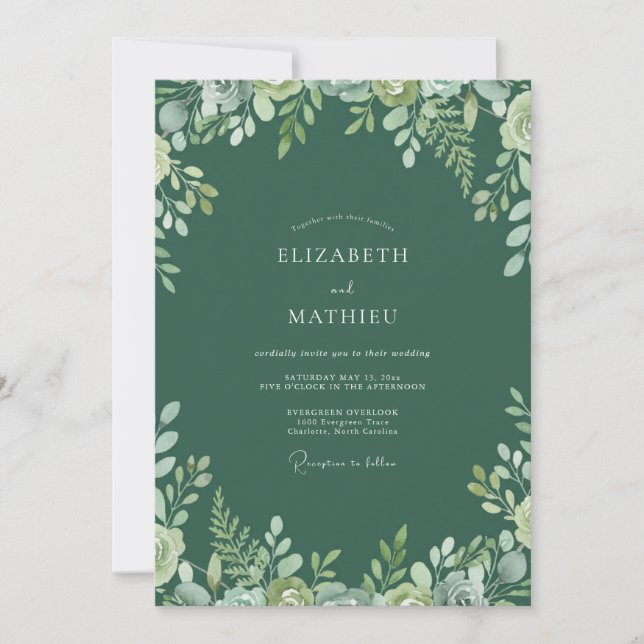 Invitation Mariage au eucalyptus au feuillage émeraude profon (Devant)