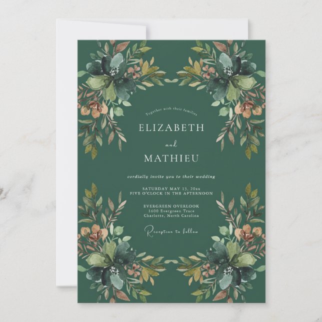 Invitation Mariage au Eucalyptus au feuillage ocre émeraude (Devant)