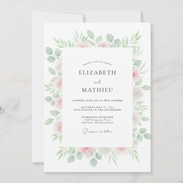 Invitation Mariage au Eucalyptus au Feuillage Rose Pâle (Devant)