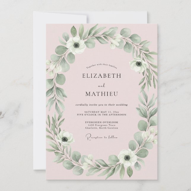 Invitation Mariage au eucalyptus au feuillage rose tendre (Devant)
