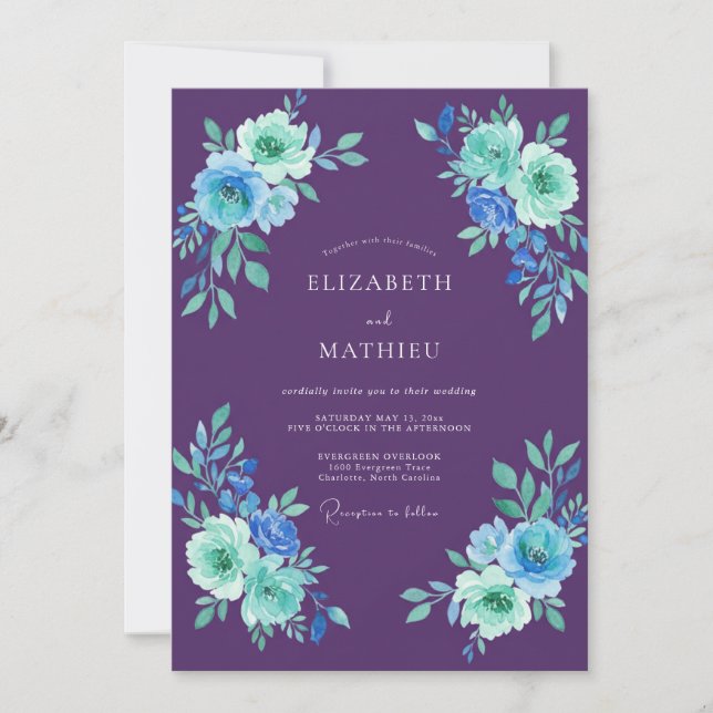Invitation Mariage au eucalyptus au feuillage sarcelle violet (Devant)